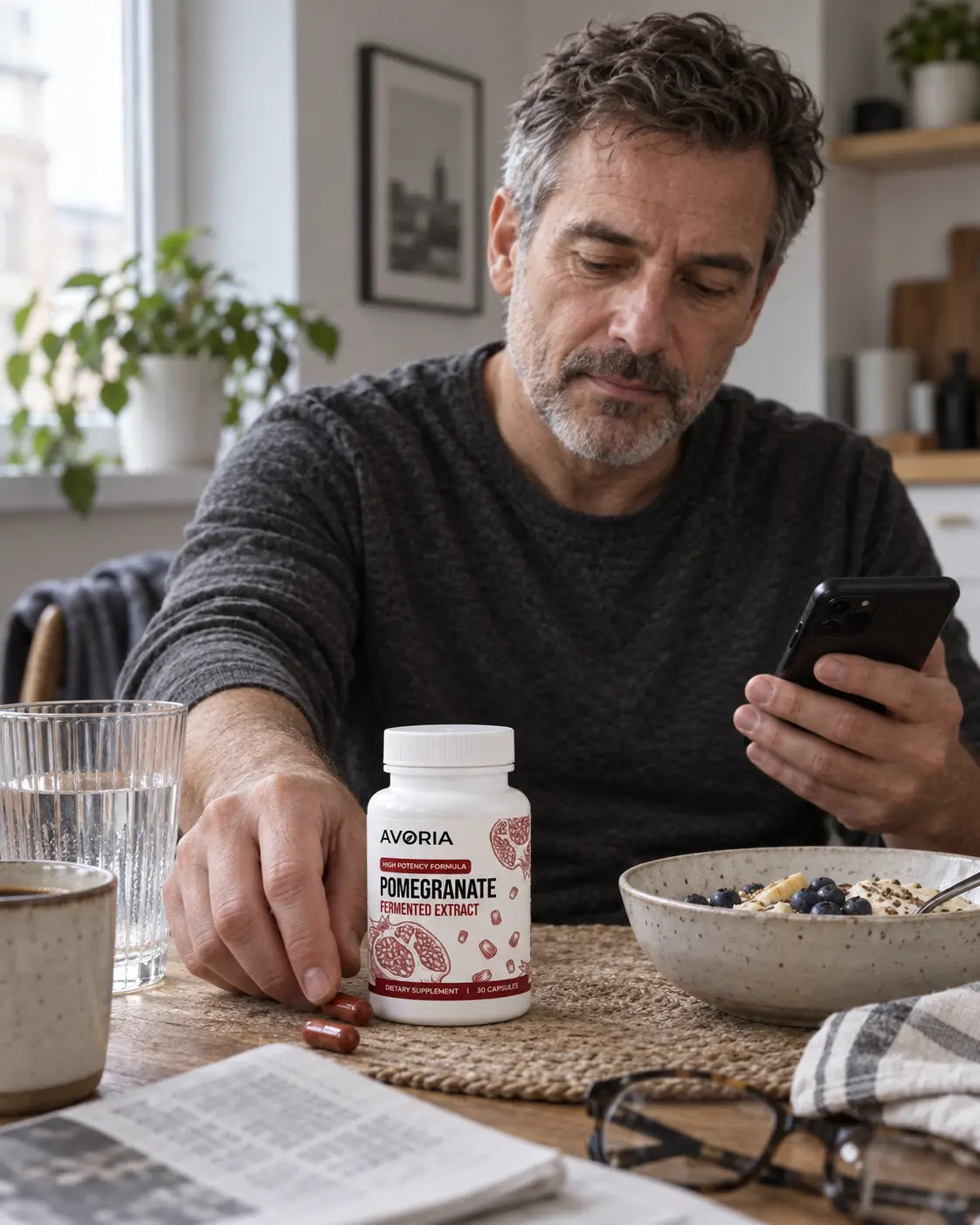 Man at breakfast checking his phone
