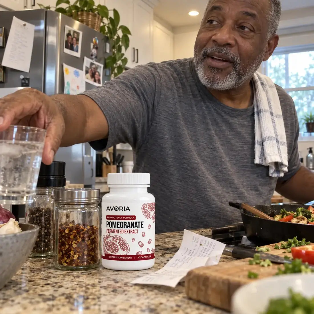 Everyday cooking moment with the bottle on the counter
