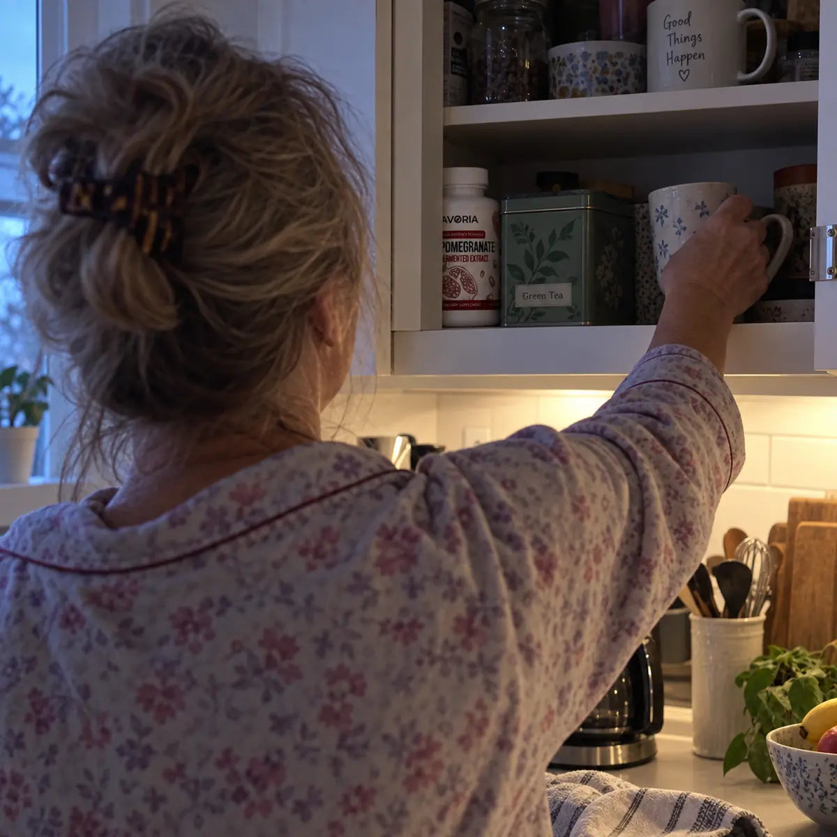 Natural morning kitchen cabinet scene