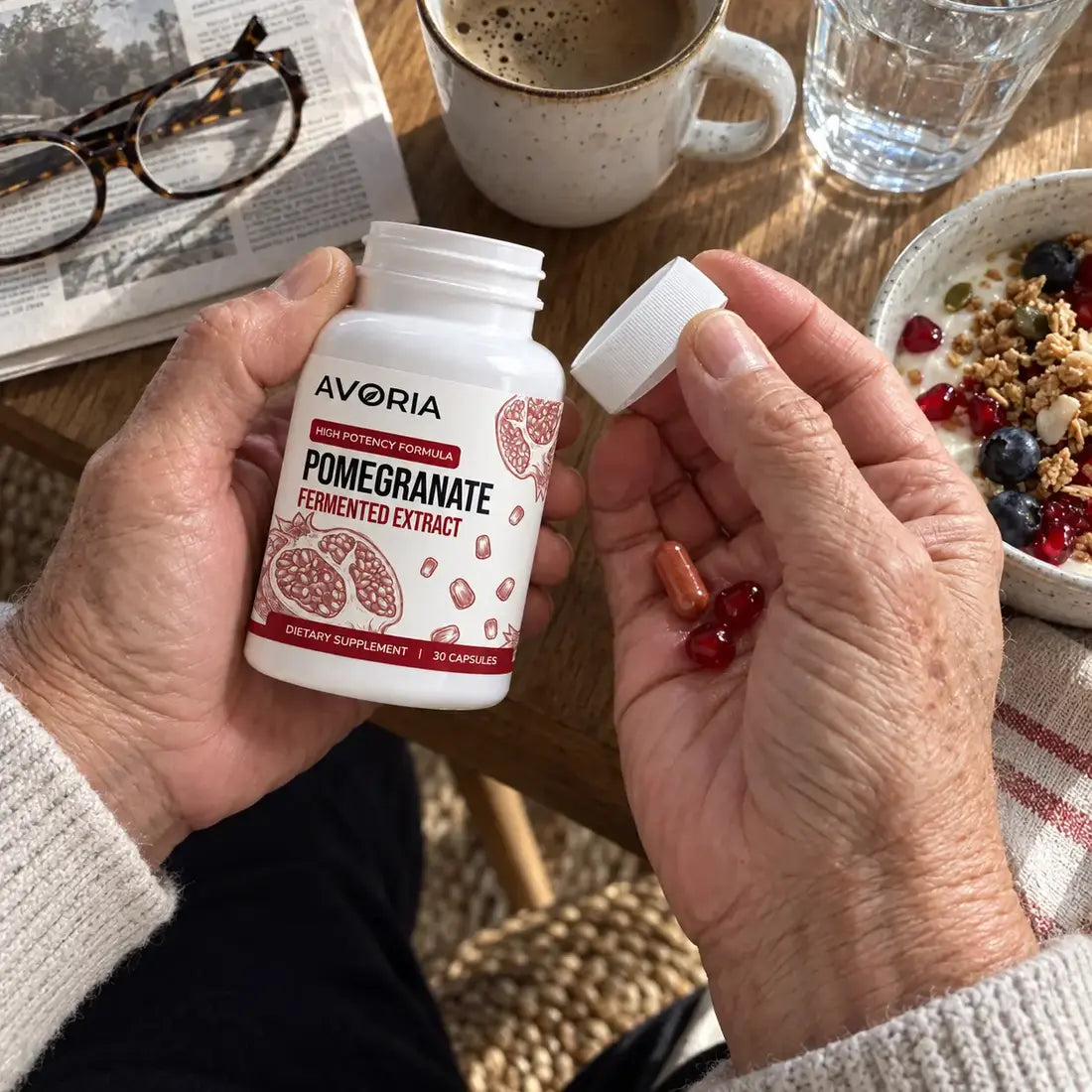 Hands opening the pomegranate supplement bottle