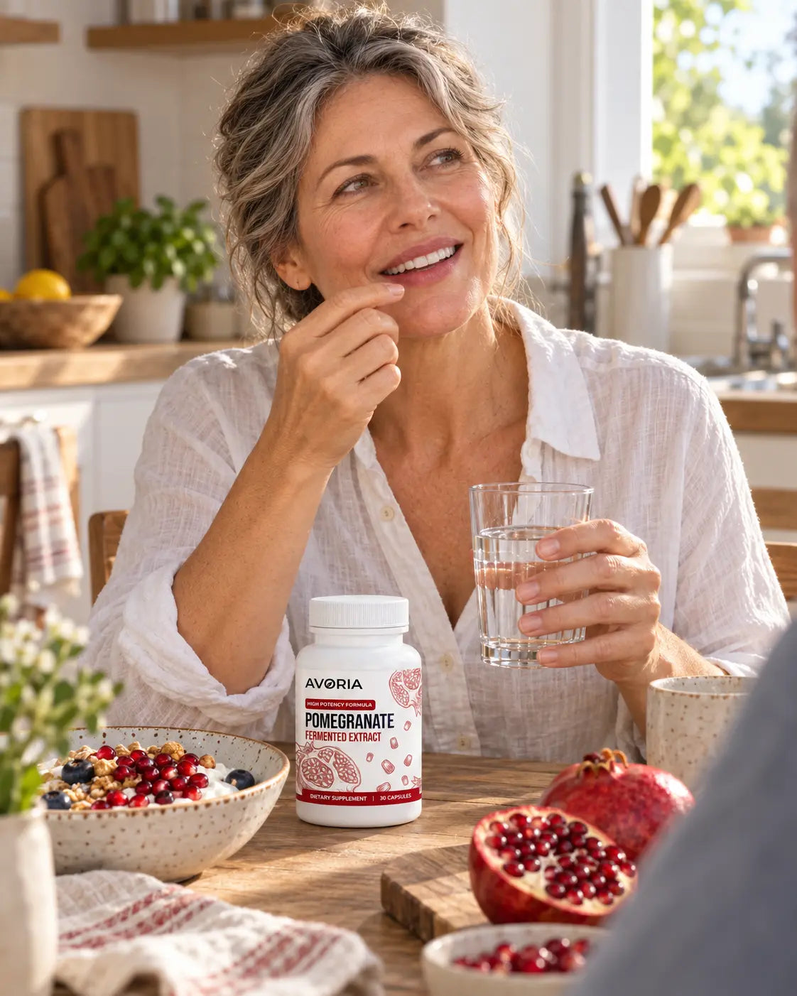Woman including Pomegranate 1.0 in her breakfast routine