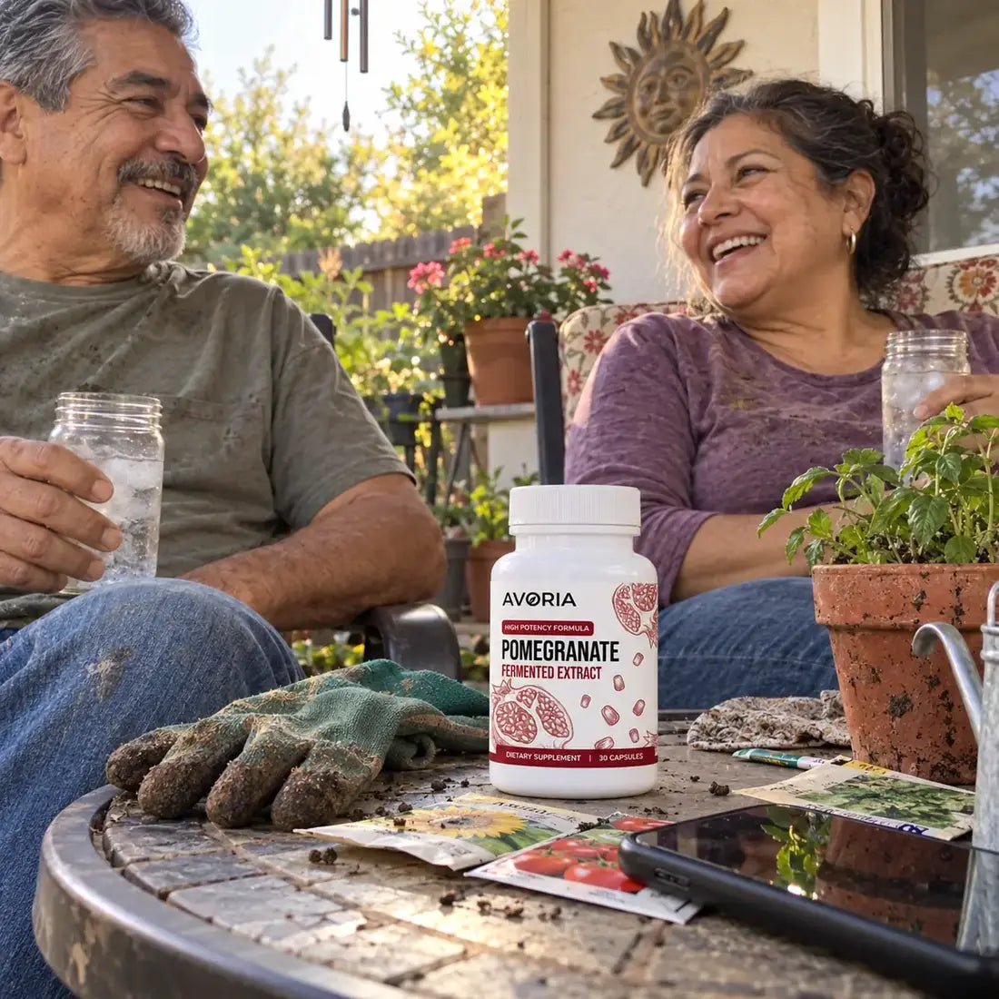 Couple relaxing on the porch after gardening