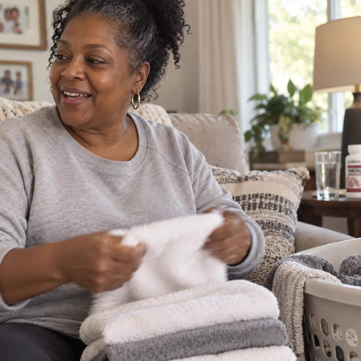 Unposed household routine while folding laundry