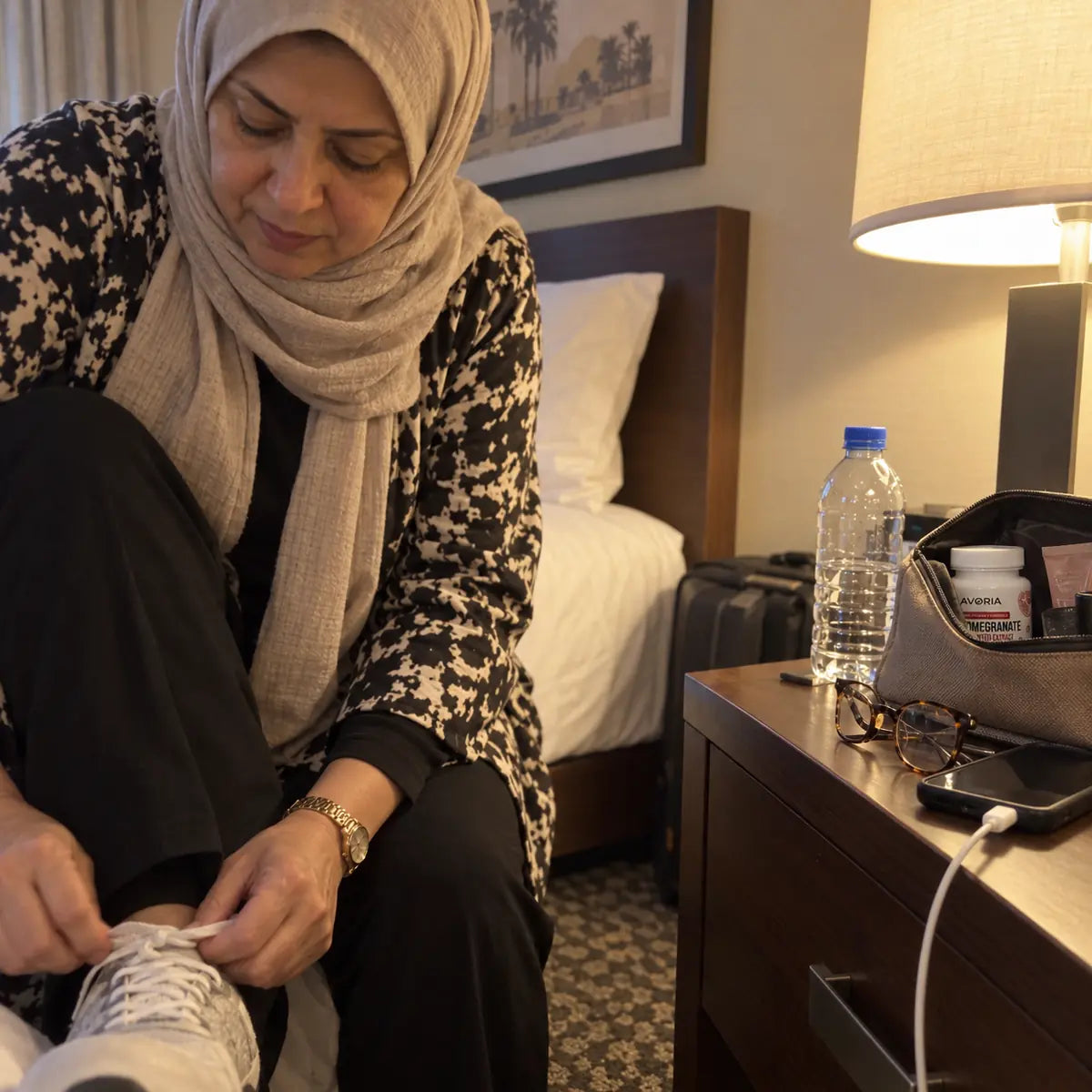 Travel routine in a hotel room