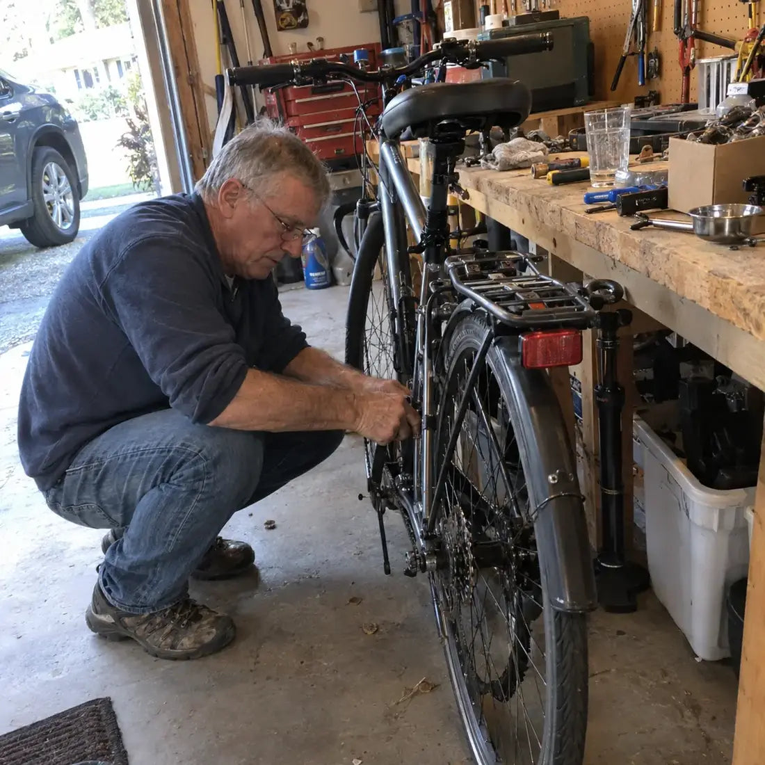 Man repairing a bicycle in his garage