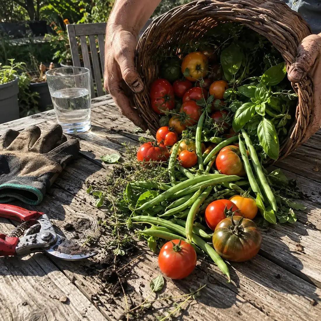 Fresh garden harvest on an outdoor table