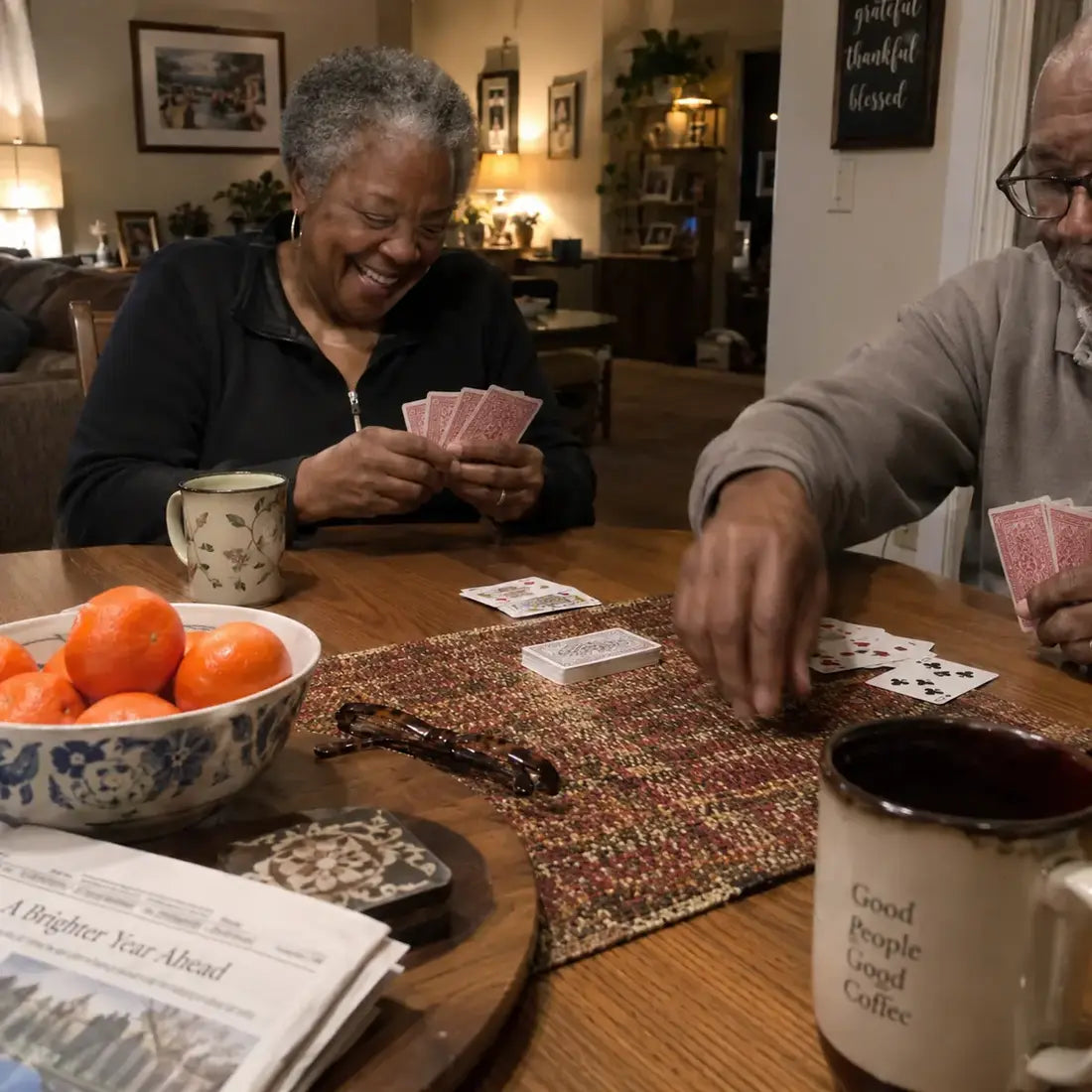 Couple enjoying an evening card game