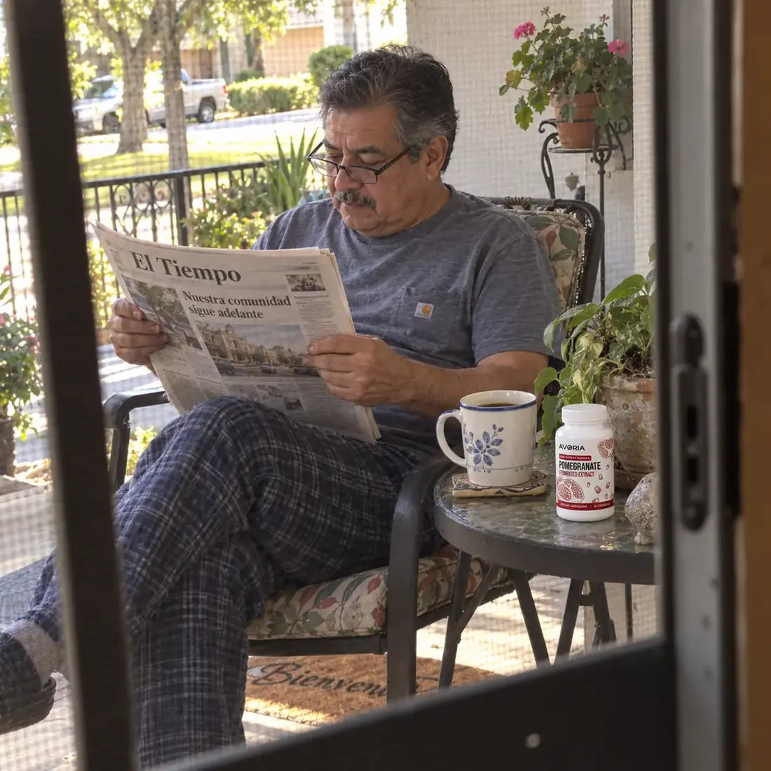 Quiet porch morning with newspaper and coffee