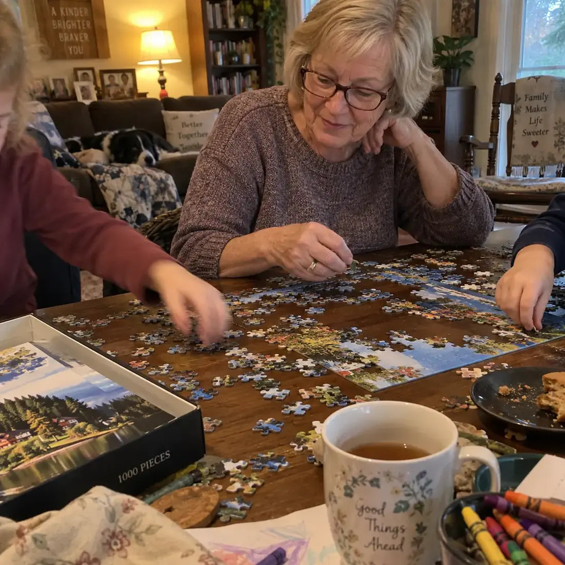 Grandmother doing a puzzle with family